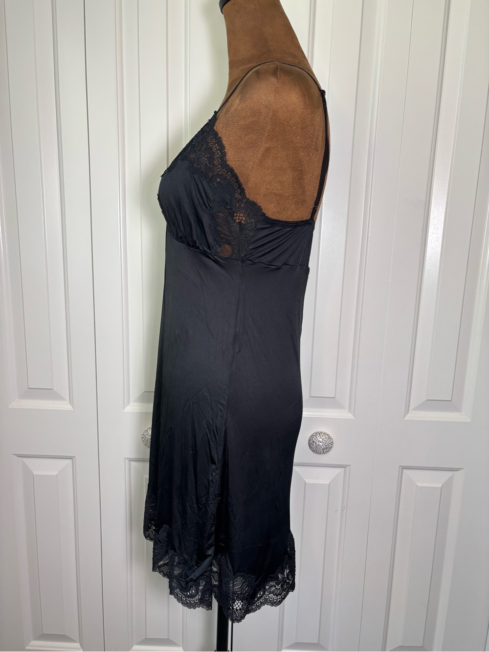 OnGossamer Black Satin Lace Trim Chemise Slip Nightgown Medium - Picture 3 of 9